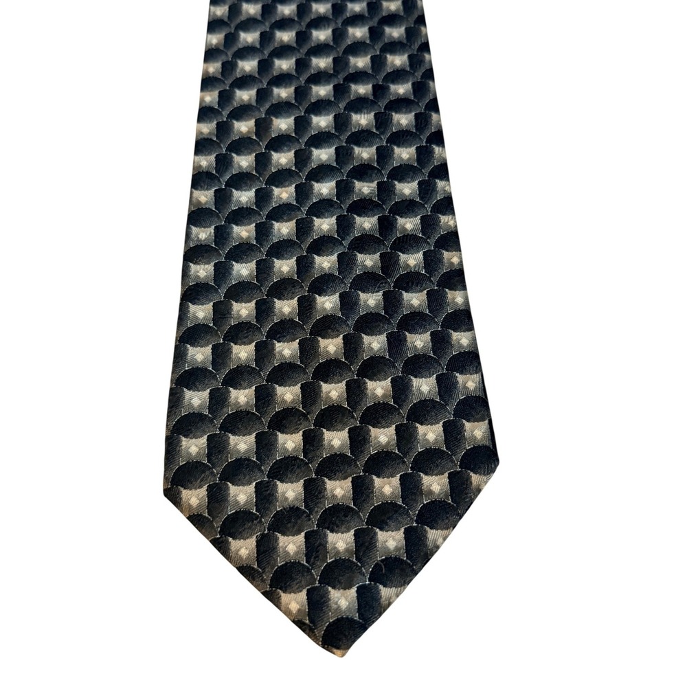 Roundtree & Yorke Silk Tie Black Silver‎ Geometric Hand Sewn Professional